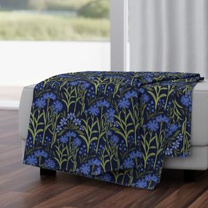 Large Blue Cornflower Wildflowers on Deep Navy Botanical Illustration
