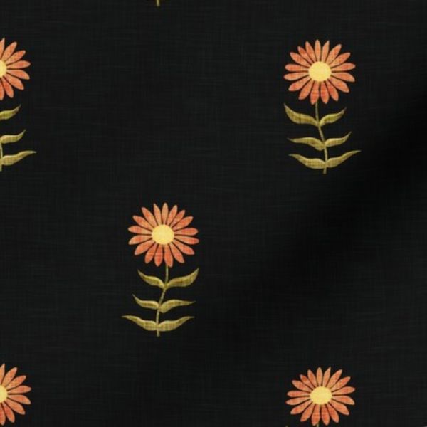 S Orange Folk Floral Daisies on Black - Cozy Vintage Cottage Linen Look
