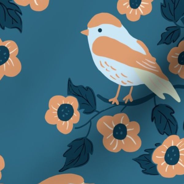 Whimsical Birds With Trailing Floral Calming Blue Muted Beige Boho Retro