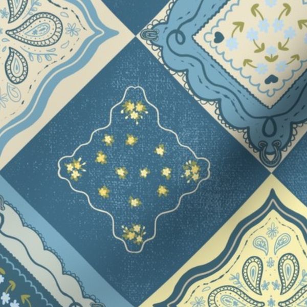 Vintage Tile Medallion - Denim & Butter Yellow Folk Patchwork Country Retro