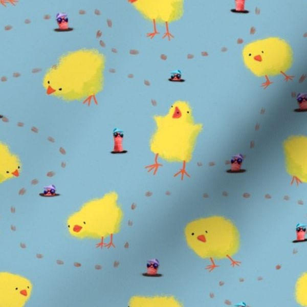 Funny Earthworms with Shades Surprising Fluffy Baby Chicks Corn on Sky Blue