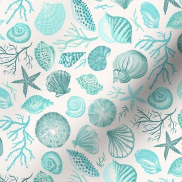 Coastal Reef Watercolour Shells - lagoon aqua blue and white - Small