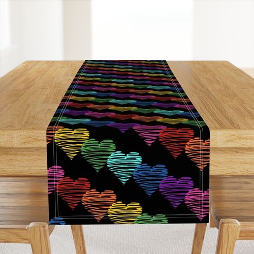 Scribble Heart Diagonal Stripes Rainbow On Black Large