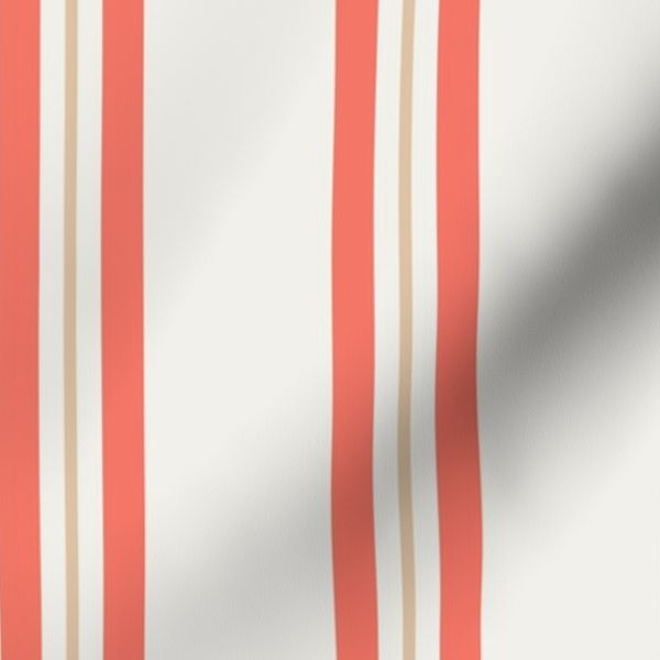 Ticking Stripes - Persimmon Red and Wheat Beige on Cloud Dancer Off White