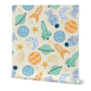 Playful space theme - astronauts rockets planets nursery - orange / cream