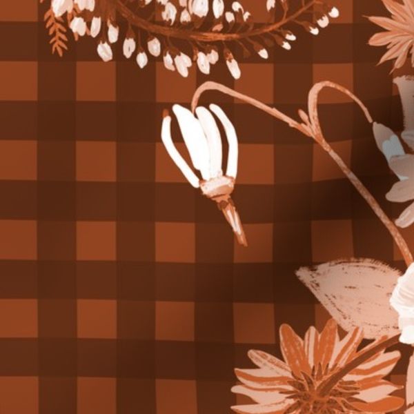 Vintage Prairie Meadow Bouquet Rust Burnt Orange Gingham Monochrome XL