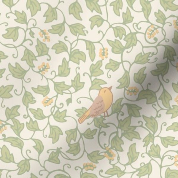 Romantic Birds Hidden in a Sage Green Ivy Foliage - Hand Drawn