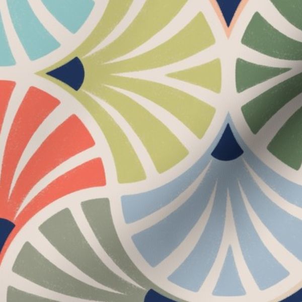 Medium Texture Abstract Bright Coastal Rainbow And Navy Scallop Florals Tan