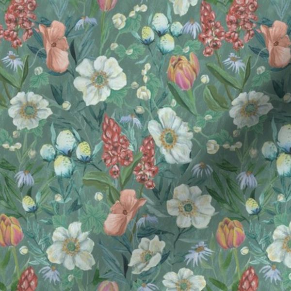 S/ Romantic Painted Wildflower Collage Sage Green