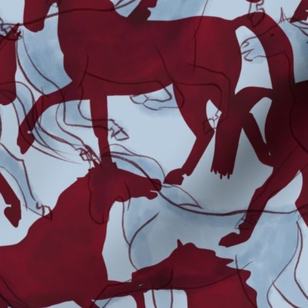 Abstract overlapping silhouettes of horses in motion medium