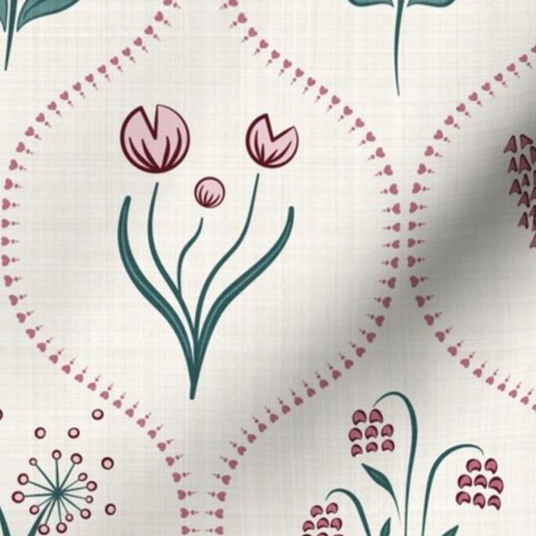 Large Mid Mod Meadow In Romantic Ogee - Woven Texture - Off White Ecru