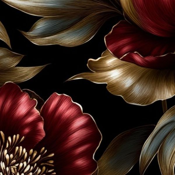 Ruby Red Gold Peony Floral Seamless Pattern