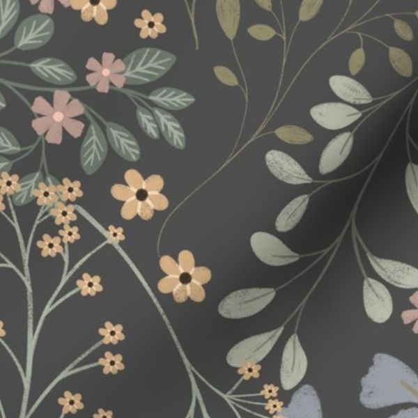 Sm Floral Botanical Soft Cottage Garden Flowers & Leaves Muted Grey