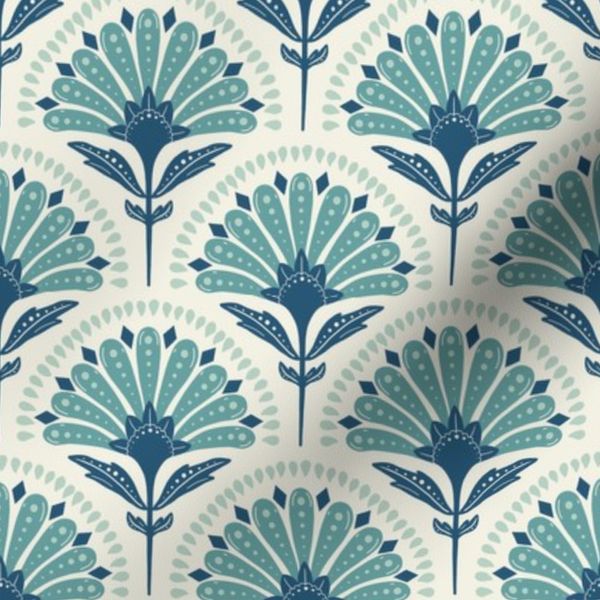 XS- Modern BOHO Mid-Century Geometric Blue Tone Flower with Dots & Diamond