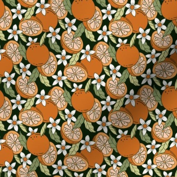 Small scale Vintage Citrus Orange Blossom Dark Green Botanical Fruit