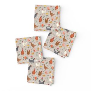(S) Hand Drawn Chickens Cozy Country Textured Beige Taupe