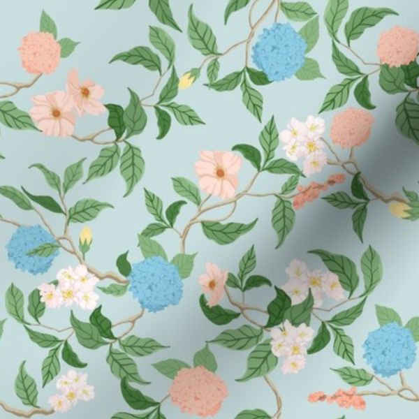 Whimsical garden of Cherry Blossoms Hydrangea Berries Light Blue Small