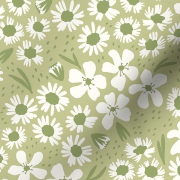 dense floral cream and green wildflowers on light sage green