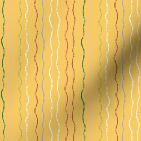 Warm Mustard Yellow With Colourful Circus Stripe Textured Wobbly Lines