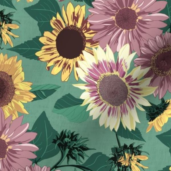 Sunflower Bouquet Jade Green - 12 Inch Repeat