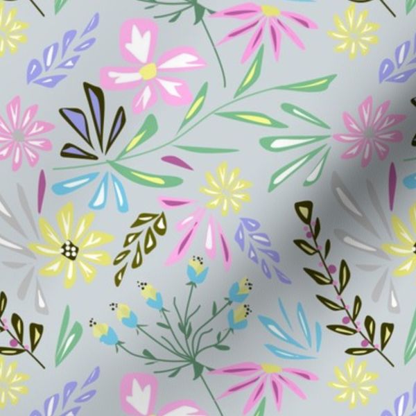 Retro floral pattern on a light gray background.