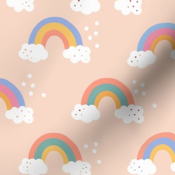 Pastel Rainbows & Clouds & Stars on Soft Pink Soft Nursery Pattern
