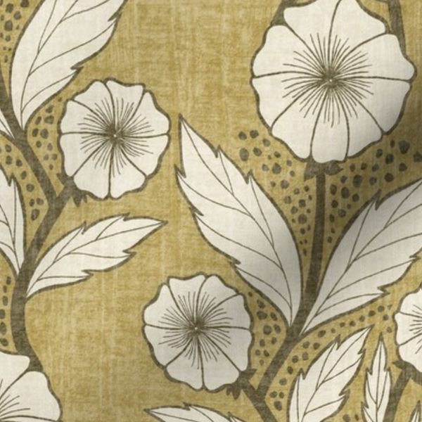 (L) Earthy Warm Ochre Gold Textured Arts and Crafts Flowing Floral Stripes