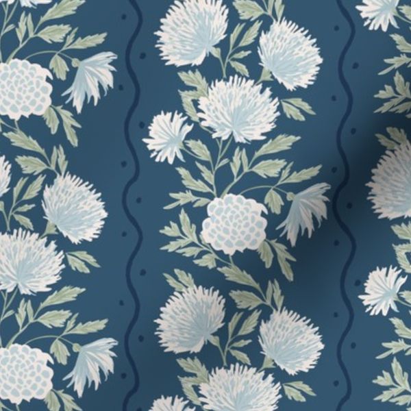 Waverly Blooms Stripe in Navy - Hand-Drawn Botanical Pattern