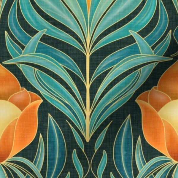 Art Deco Lotus Botanical Emerald Teal & Burnt Orange Floral Vintage Dec