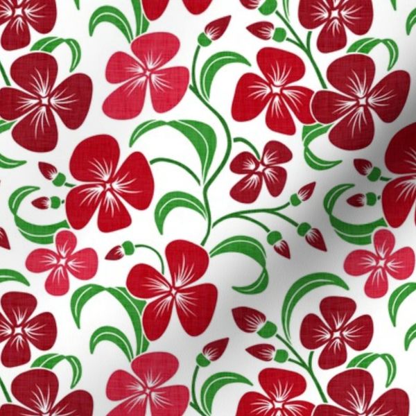 Colorful Botanical Block Print Style Floral in Shades of Red