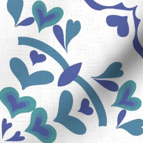 Elegant Heart Mandala Cool Blue Teal White Linen Texture Large Scale