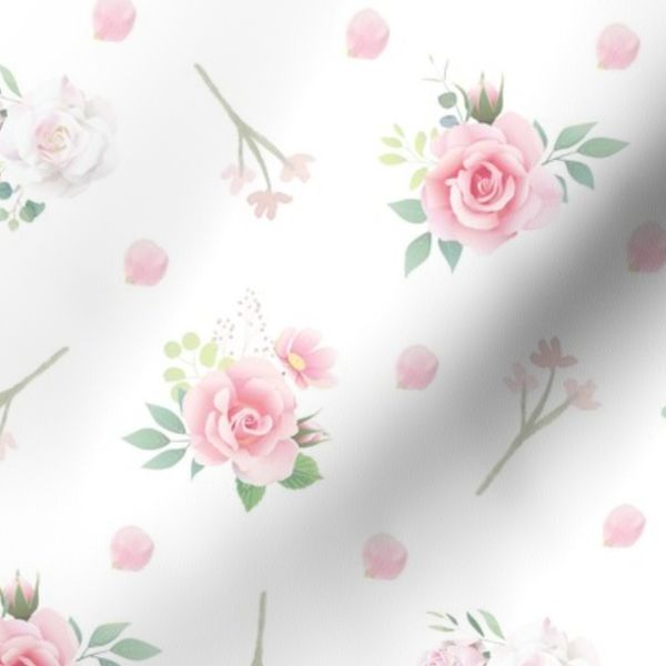 Ditsy Cottage Roses with Petals on White - Large Scale