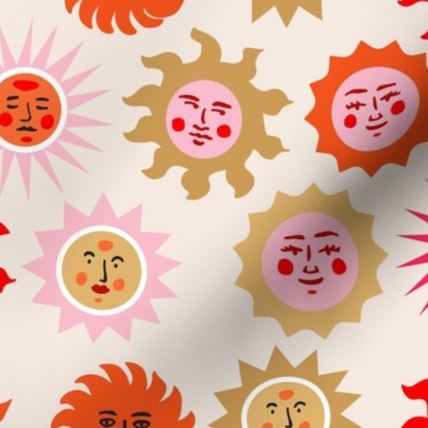 colorful celestial suns with faces on beige