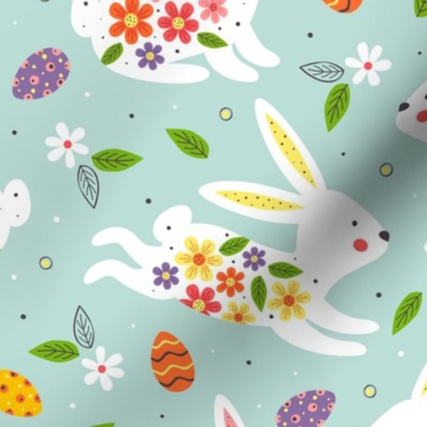 Easter Bunny Pattern with Flowers and Eggs