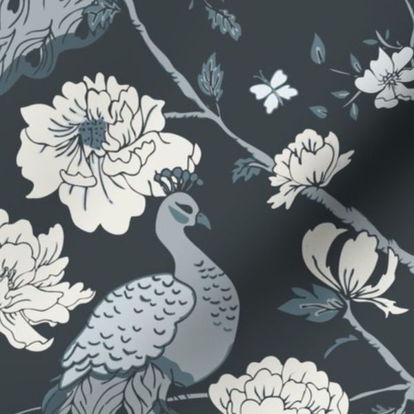 Peacock Chinoiserie - Vintage Inspired Trailing Floral- Dark Blue Versio-04