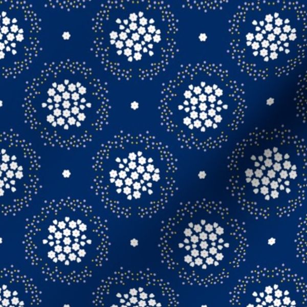 White flowers inside dot garlands - navy blue