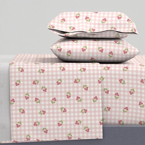 Cottagecore Tossed Cherry Bunches on Gingham - Pastel Pink - Med
