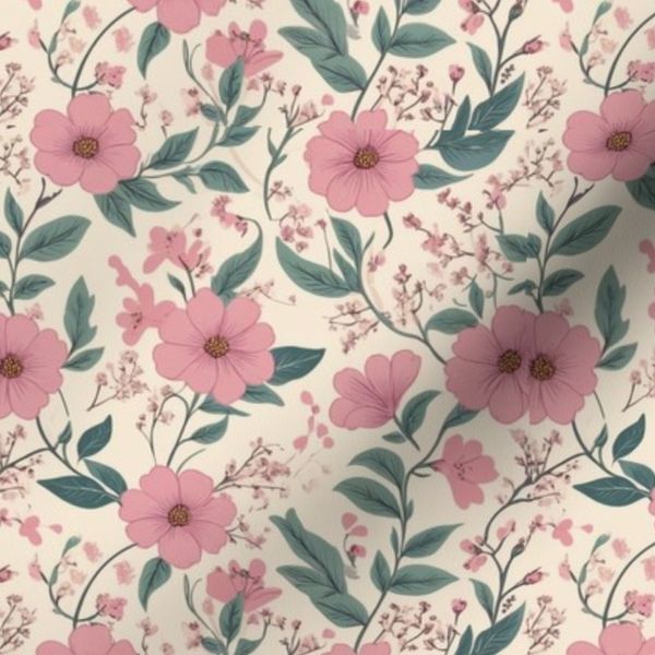 Blush Pink Cottage Batik Ditsy Floral Cream Background Quilting Fabric