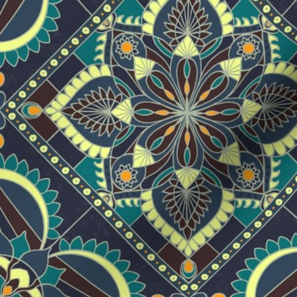 (s) boho medallion tile mandala - dark blue & neon wasabi green