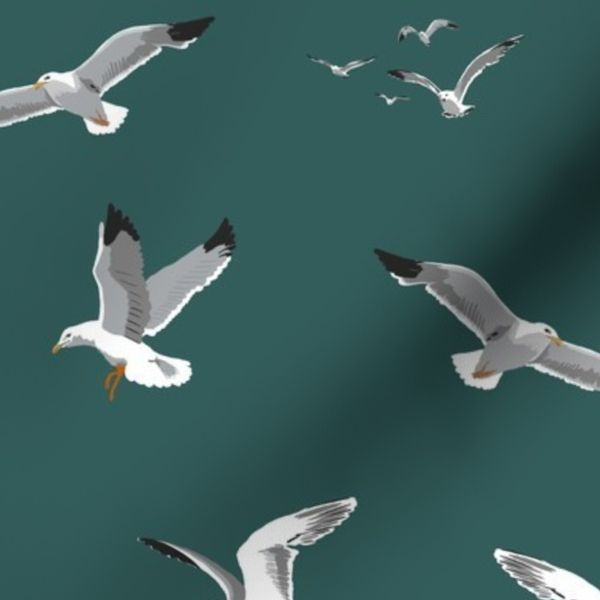 Medium Flying Seagulls on Emerald Green
