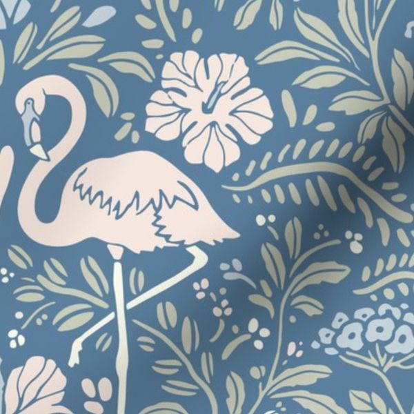 Grandmillennial coastal Flamingo botanical in royal blue sage powder pink