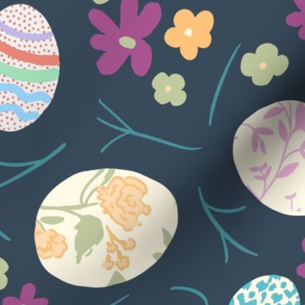 Easter eggs and florals in dark blue pink orange for cottage & boho styles