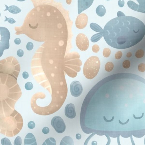 L-Whimsical Under the Sea Ocean Animals-Coastal Boho Nursery on light blue