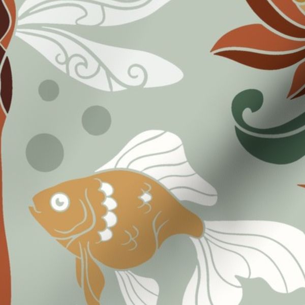 Jumbo scale Art Nouveau Dragonfly Goldfish Lotus Flower yellow and green