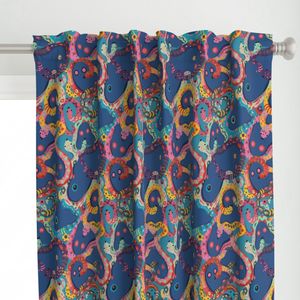 Cute Ghosts And Folk art Snakes - Vibrant Multicolor on Navy Blue