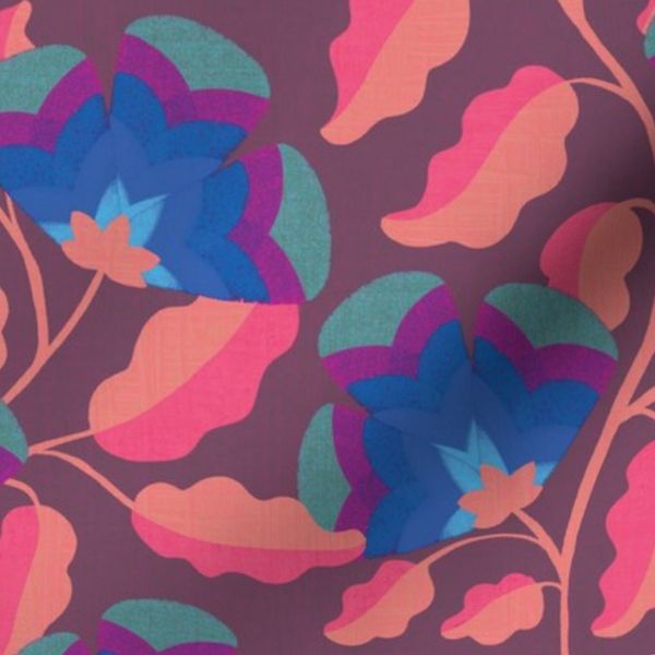 Trailing Moth Wing Boho Floral in Textured Pink and Blue - Large Scale