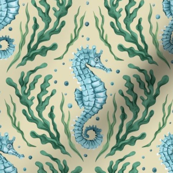 Seahorse Damask - Sandy Shores