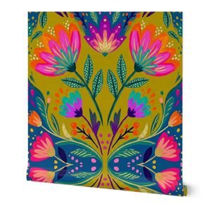 Vibrant Boho Folk Art Floral in Pink Teal and Mustard