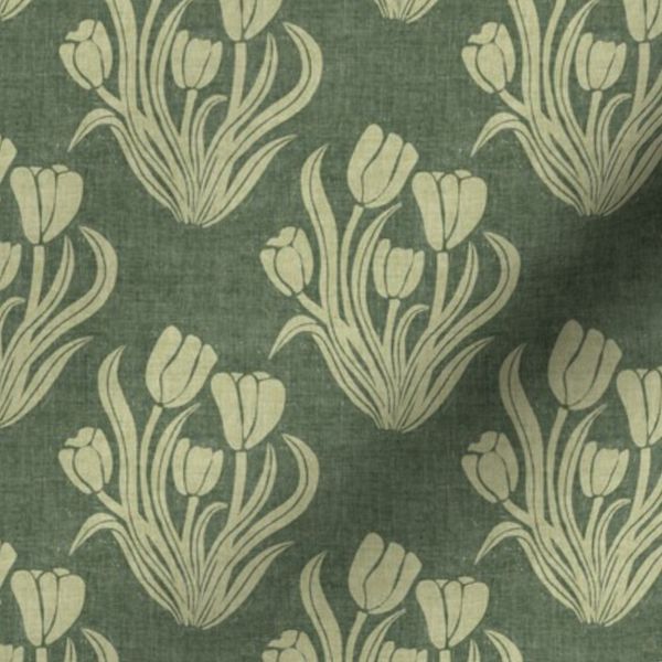 Vintage Cottagecore Textured Block Print Tulip in Light Green on Dark Sage