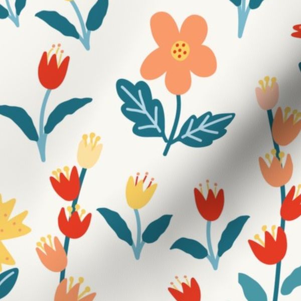 Large Cottage Garden Meadow Teal Coral Red scandi simple hand drawn
